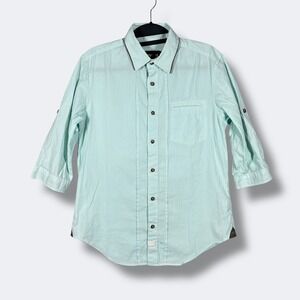 PPFM 3/4 Sleeve Button Up Shirt Mens M Slim Green Striped Nautical Preppy